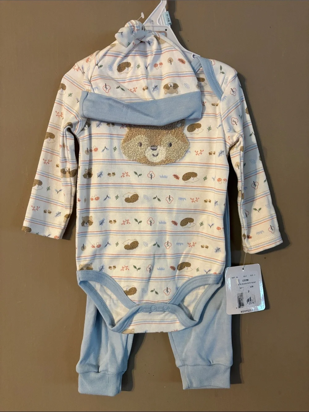 Little & Loved Blue Bear & Hedgehog Print Onesie & Pant Set with Hat 6-9M NWT